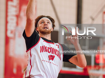 Wisconsin Badgers forward Carter Gilmore #7 goes in for a layup during practice at the Nicholas Johnson Pavilion in Madison, WI, on October...