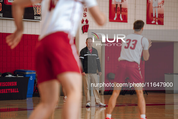 Wisconsin Badgers Head Coach Greg Gard watches over the practice during local media day at the Nicholas Johnson Pavilion in Madison, WI, on...