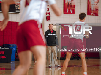 Wisconsin Badgers Head Coach Greg Gard watches over the practice during local media day at the Nicholas Johnson Pavilion in Madison, WI, on...