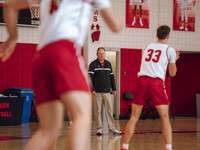 Wisconsin Badgers Head Coach Greg Gard watches over the practice during local media day at the Nicholas Johnson Pavilion in Madison, WI, on...