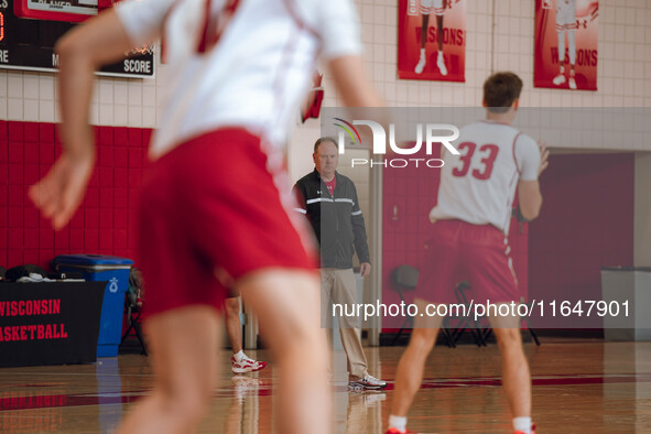 Wisconsin Badgers Head Coach Greg Gard watches over the practice during local media day at the Nicholas Johnson Pavilion in Madison, WI, on...