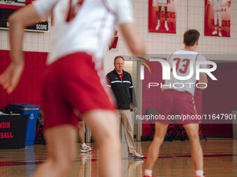 Wisconsin Badgers Head Coach Greg Gard watches over the practice during local media day at the Nicholas Johnson Pavilion in Madison, WI, on...