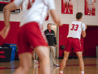 Wisconsin Badgers Head Coach Greg Gard watches over the practice during local media day at the Nicholas Johnson Pavilion in Madison, WI, on...