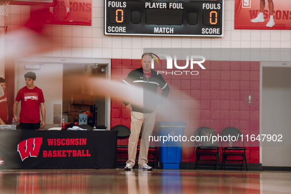 Wisconsin Badgers Head Coach Greg Gard watches over the practice during local media day at the Nicholas Johnson Pavilion in Madison, WI, on...