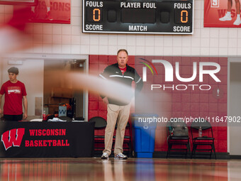 Wisconsin Badgers Head Coach Greg Gard watches over the practice during local media day at the Nicholas Johnson Pavilion in Madison, WI, on...