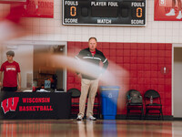 Wisconsin Badgers Head Coach Greg Gard watches over the practice during local media day at the Nicholas Johnson Pavilion in Madison, WI, on...