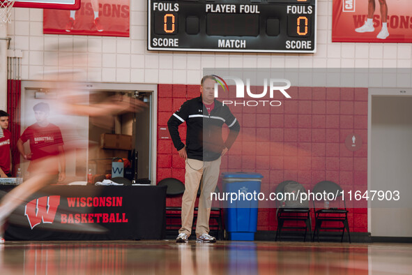 Wisconsin Badgers Head Coach Greg Gard watches over the practice during local media day at the Nicholas Johnson Pavilion in Madison, WI, on...