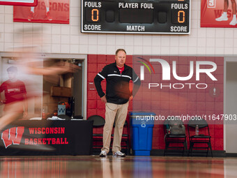 Wisconsin Badgers Head Coach Greg Gard watches over the practice during local media day at the Nicholas Johnson Pavilion in Madison, WI, on...