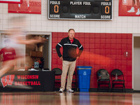 Wisconsin Badgers Head Coach Greg Gard watches over the practice during local media day at the Nicholas Johnson Pavilion in Madison, WI, on...