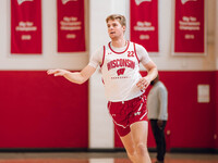 Wisconsin Badgers forward Steven Crowl #22 runs a drill during practice at the Nicholas Johnson Pavilion in Madison, WI, on October 7, 2024....