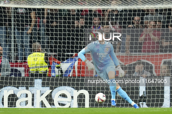 Thibaut Courtois goalkeeper of Real Madrid and Belgium during the LaLiga match between Atletico de Madrid and Real Madrid CF  at Estadio Civ...