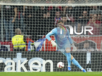 Thibaut Courtois goalkeeper of Real Madrid and Belgium during the LaLiga match between Atletico de Madrid and Real Madrid CF  at Estadio Civ...