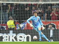 Thibaut Courtois goalkeeper of Real Madrid and Belgium during the LaLiga match between Atletico de Madrid and Real Madrid CF  at Estadio Civ...