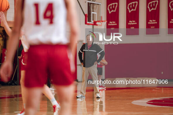 Wisconsin Badgers Head Coach Greg Gard watches over the practice during local media day at the Nicholas Johnson Pavilion in Madison, WI, on...