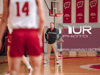 Wisconsin Badgers Head Coach Greg Gard watches over the practice during local media day at the Nicholas Johnson Pavilion in Madison, WI, on...