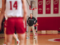 Wisconsin Badgers Head Coach Greg Gard watches over the practice during local media day at the Nicholas Johnson Pavilion in Madison, WI, on...