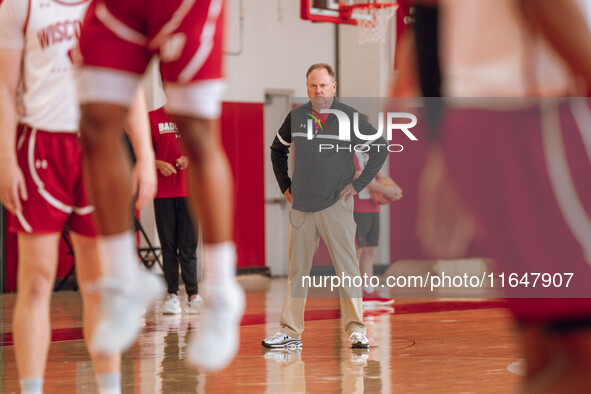 Wisconsin Badgers Head Coach Greg Gard watches over the practice during local media day at the Nicholas Johnson Pavilion in Madison, WI, on...