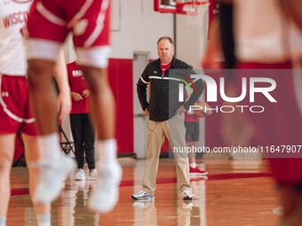 Wisconsin Badgers Head Coach Greg Gard watches over the practice during local media day at the Nicholas Johnson Pavilion in Madison, WI, on...