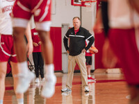 Wisconsin Badgers Head Coach Greg Gard watches over the practice during local media day at the Nicholas Johnson Pavilion in Madison, WI, on...