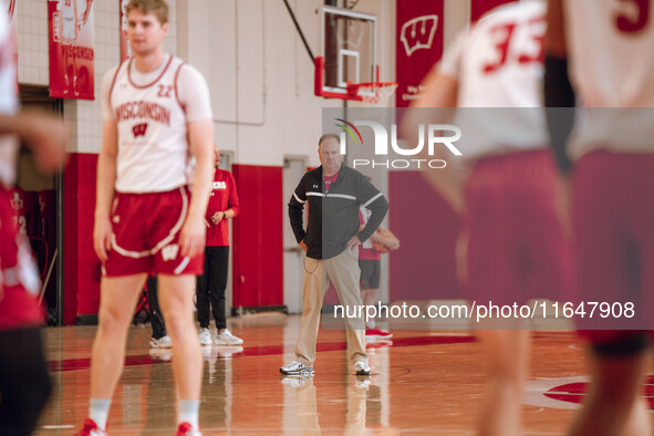 Wisconsin Badgers Head Coach Greg Gard watches over the practice during local media day at the Nicholas Johnson Pavilion in Madison, WI, on...