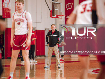 Wisconsin Badgers Head Coach Greg Gard watches over the practice during local media day at the Nicholas Johnson Pavilion in Madison, WI, on...