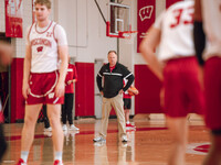 Wisconsin Badgers Head Coach Greg Gard watches over the practice during local media day at the Nicholas Johnson Pavilion in Madison, WI, on...