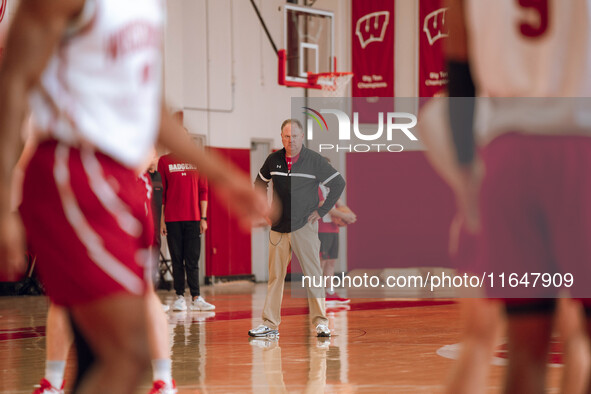 Wisconsin Badgers Head Coach Greg Gard watches over the practice during local media day at the Nicholas Johnson Pavilion in Madison, WI, on...