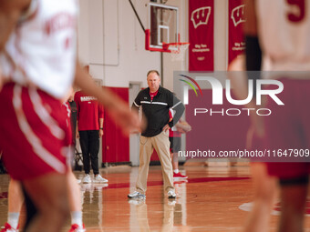 Wisconsin Badgers Head Coach Greg Gard watches over the practice during local media day at the Nicholas Johnson Pavilion in Madison, WI, on...