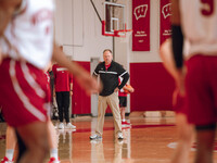 Wisconsin Badgers Head Coach Greg Gard watches over the practice during local media day at the Nicholas Johnson Pavilion in Madison, WI, on...