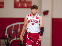 Wisconsin Badgers guard Max Klesmit #11 participates in local media day at the Nicholas Johnson Pavilion in Madison, WI, on October 7, 2024....