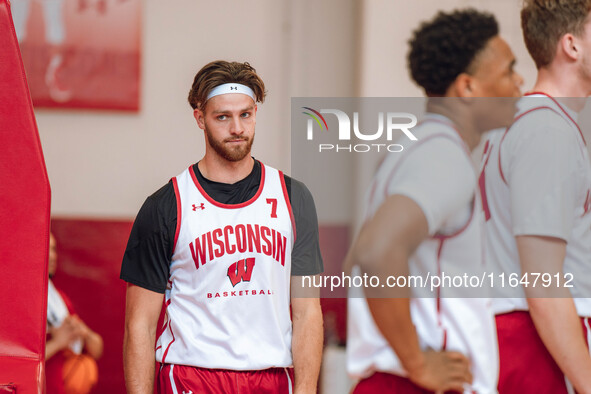 Wisconsin Badgers forward Carter Gilmore #7 participates in local media day at the Nicholas Johnson Pavilion in Madison, WI, on October 7, 2...