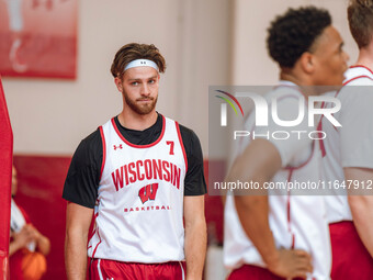 Wisconsin Badgers forward Carter Gilmore #7 participates in local media day at the Nicholas Johnson Pavilion in Madison, WI, on October 7, 2...