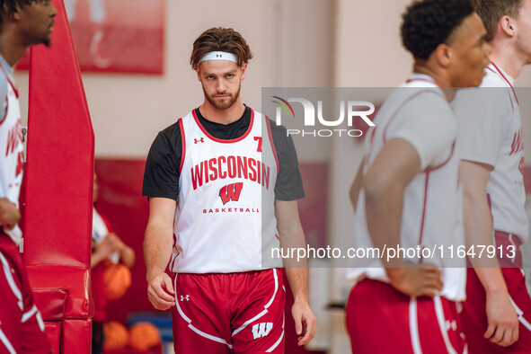 Wisconsin Badgers forward Carter Gilmore #7 participates in local media day at the Nicholas Johnson Pavilion in Madison, WI, on October 7, 2...