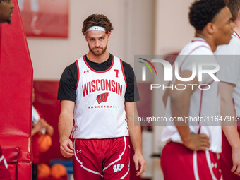 Wisconsin Badgers forward Carter Gilmore #7 participates in local media day at the Nicholas Johnson Pavilion in Madison, WI, on October 7, 2...