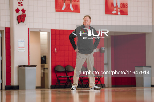 Wisconsin Badgers Head Coach Greg Gard watches over the practice during local media day at the Nicholas Johnson Pavilion in Madison, WI, on...