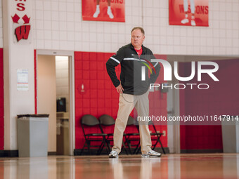 Wisconsin Badgers Head Coach Greg Gard watches over the practice during local media day at the Nicholas Johnson Pavilion in Madison, WI, on...