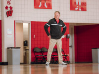 Wisconsin Badgers Head Coach Greg Gard watches over the practice during local media day at the Nicholas Johnson Pavilion in Madison, WI, on...