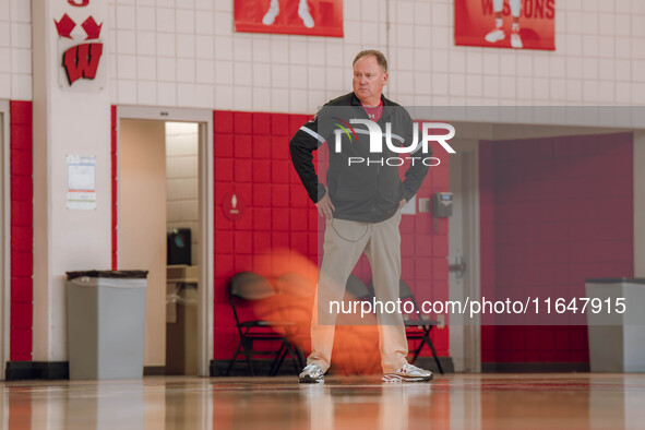 Wisconsin Badgers Head Coach Greg Gard watches over the practice during local media day at the Nicholas Johnson Pavilion in Madison, WI, on...