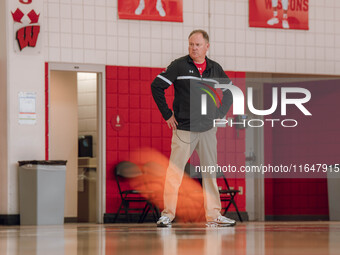 Wisconsin Badgers Head Coach Greg Gard watches over the practice during local media day at the Nicholas Johnson Pavilion in Madison, WI, on...