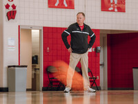 Wisconsin Badgers Head Coach Greg Gard watches over the practice during local media day at the Nicholas Johnson Pavilion in Madison, WI, on...