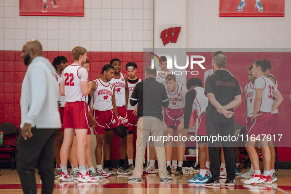 Wisconsin Badgers Head Coach Greg Gard addresses his team during practice at the Nicholas Johnson Pavilion in Madison, WI, on October 7, 202...