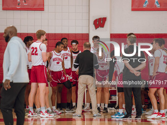 Wisconsin Badgers Head Coach Greg Gard addresses his team during practice at the Nicholas Johnson Pavilion in Madison, WI, on October 7, 202...