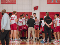 Wisconsin Badgers Head Coach Greg Gard addresses his team during practice at the Nicholas Johnson Pavilion in Madison, WI, on October 7, 202...