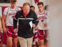 Wisconsin Badgers Head Coach Greg Gard leads the team onto the court during practice at the Nicholas Johnson Pavilion in Madison, WI, on Oct...