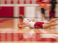 Wisconsin Badgers forward Steven Crowl #22 dives for a loose ball during practice at the Nicholas Johnson Pavilion in Madison, WI, on Octobe...