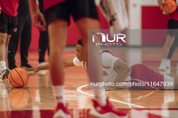 Wisconsin Badgers guard Camren Hunter #3 dives after a loose ball during practice at the Nicholas Johnson Pavilion in Madison, WI, on Octobe...