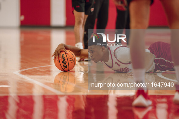 Wisconsin Badgers guard Camren Hunter #3 dives after a loose ball during practice at the Nicholas Johnson Pavilion in Madison, WI, on Octobe...