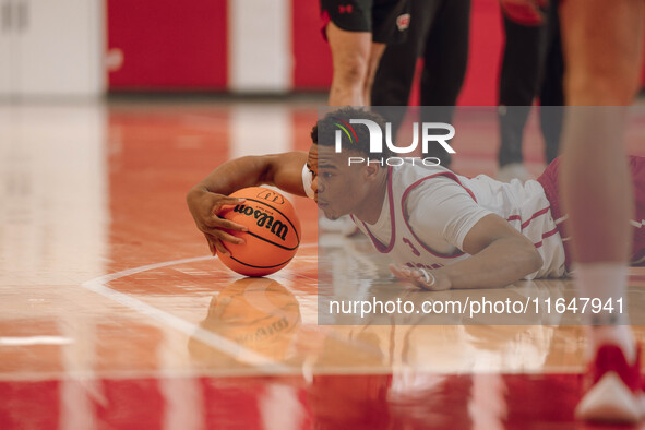 Wisconsin Badgers guard Camren Hunter #3 dives after a loose ball during practice at the Nicholas Johnson Pavilion in Madison, WI, on Octobe...