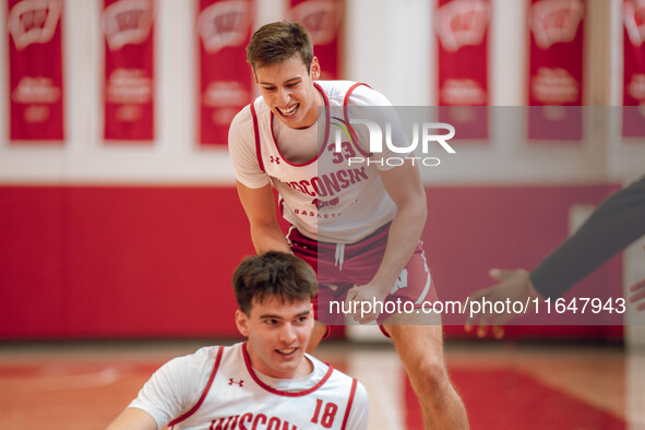 Wisconsin Badgers guard Jack Janicki #33 watches forward Riccardo Greppi #18 during practice at the Nicholas Johnson Pavilion in Madison, WI...