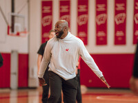 Wisconsin Badgers Assistant Coach Sharif Chambliss is present during practice at the Nicholas Johnson Pavilion in Madison, WI, on October 7,...